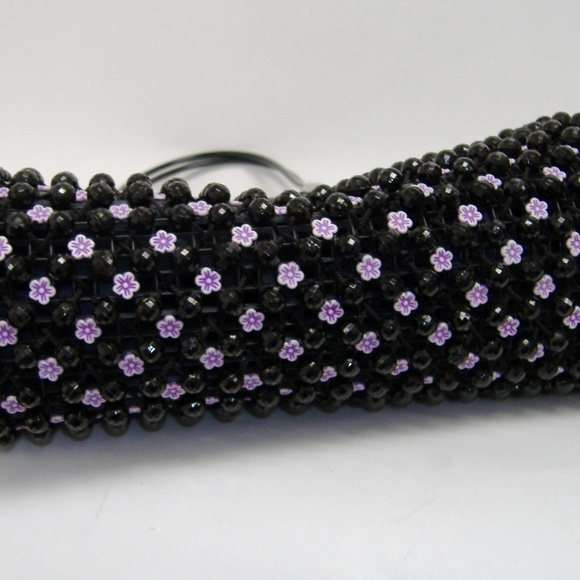 Black Fenghua Purse Pink Flower Beaded Tote Evening Handbag Silver Metal - Picture 7 of 8